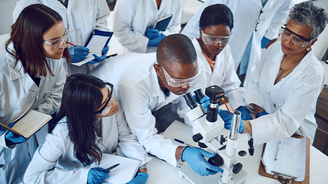 Lab workers looking into a microscope